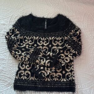 Lord & Taylor Black and Cream Fuzzy Crewneck Sweater